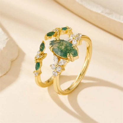 Moss agate ring gold plated 925 silver vintage cocktail jewelry for women