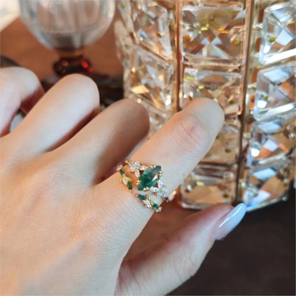 Moss agate ring gold plated 925 silver vintage cocktail jewelry for women