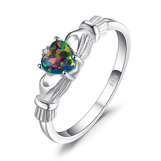 October birthstone opal heart claddagh ring in 925 sterling silver - GEMORM
