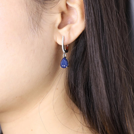 September birthstone blue sapphire drop earrings vintage halo style - GEMORM
