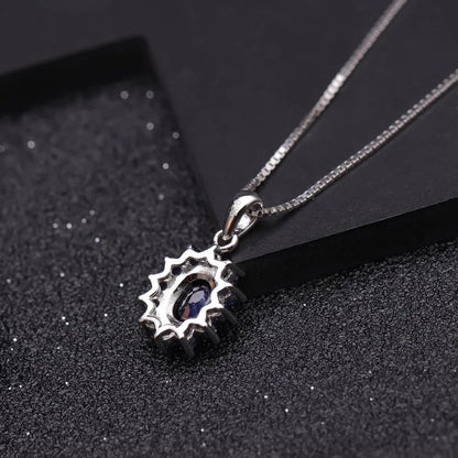 September birthstone blue sapphire necklace with vintage halo pendant - GEMORM