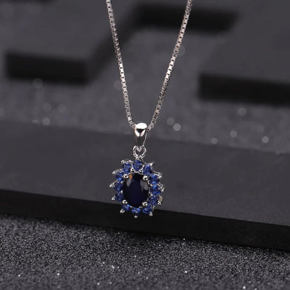 September birthstone blue sapphire necklace with vintage halo pendant - GEMORM