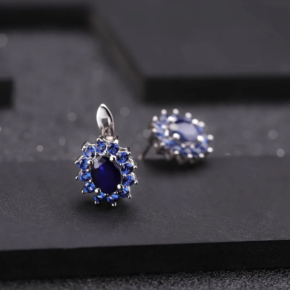 September birthstone blue sapphire stud earrings in sterling silver vintage halo style - GEMORM