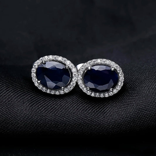 September birthstone blue sapphire stud earrings vintage halo style - GEMORM