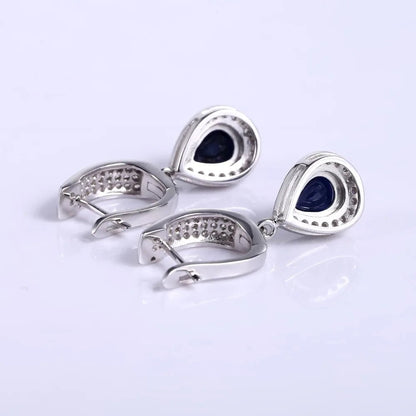 September birthstone sapphire drop earrings vintage halo design - GEMORM