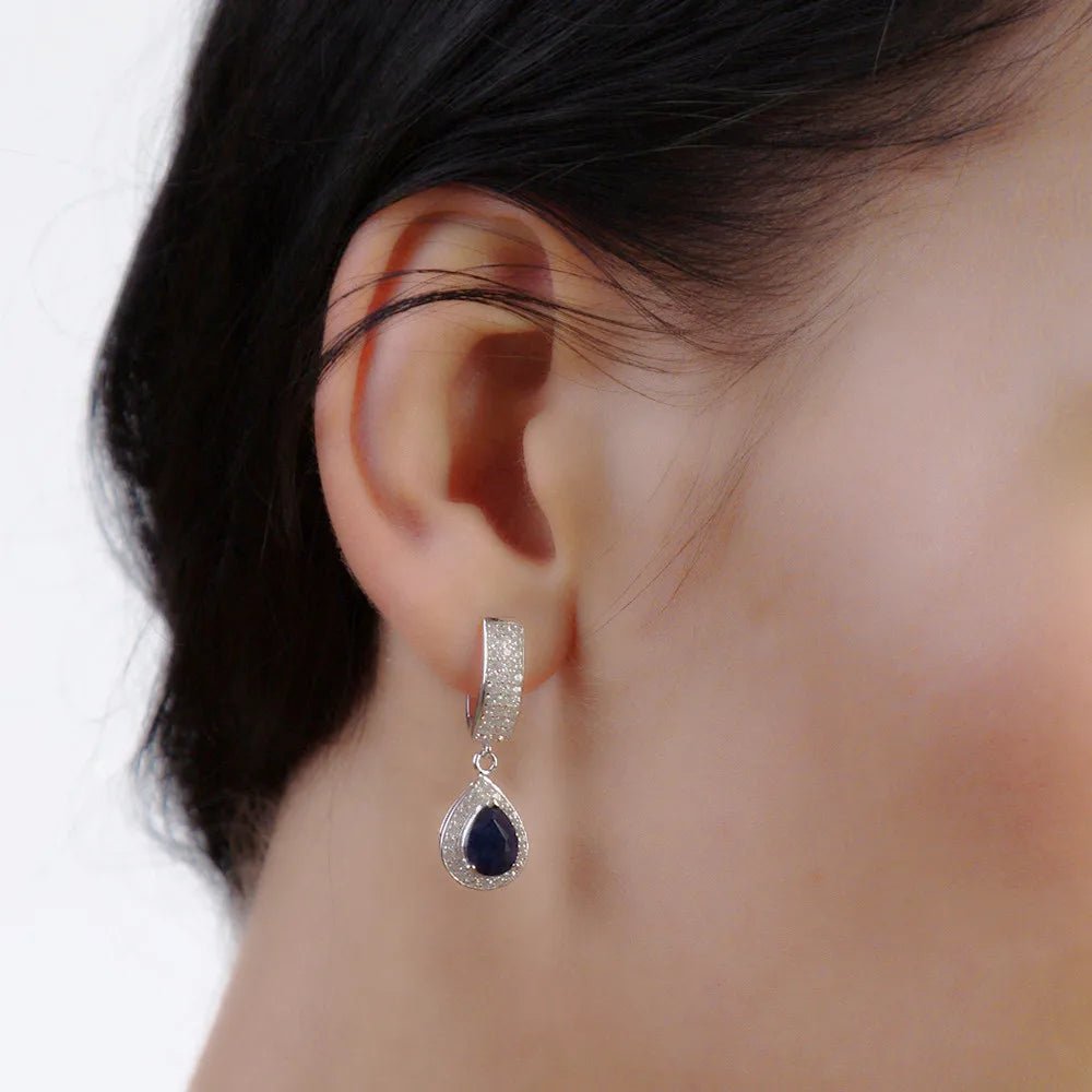 September birthstone sapphire drop earrings vintage halo design - GEMORM