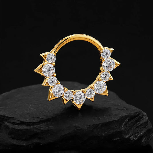 Spiked titanium hinged clicker ring with cubic zirconia
