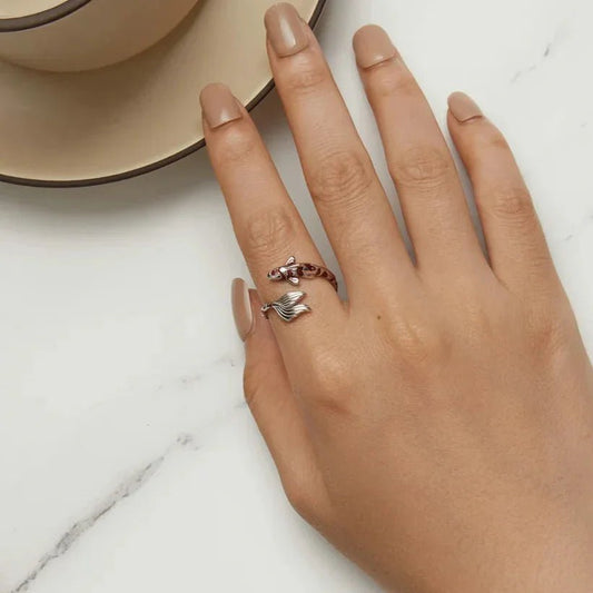 Sterling Silver Koi Fish Ring with Red Enamel Design - GEMORM