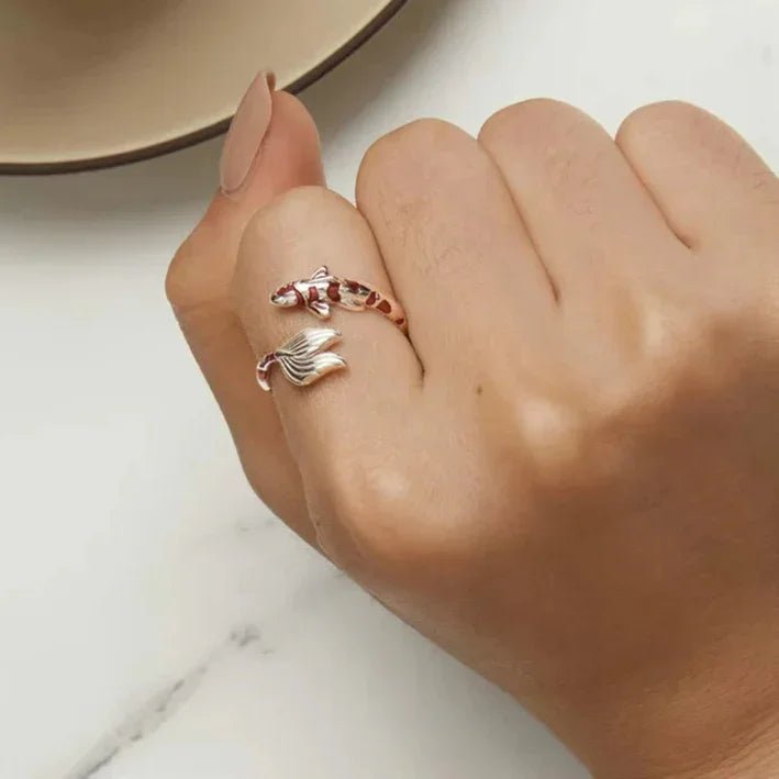 Sterling Silver Koi Fish Ring with Red Enamel Design - GEMORM