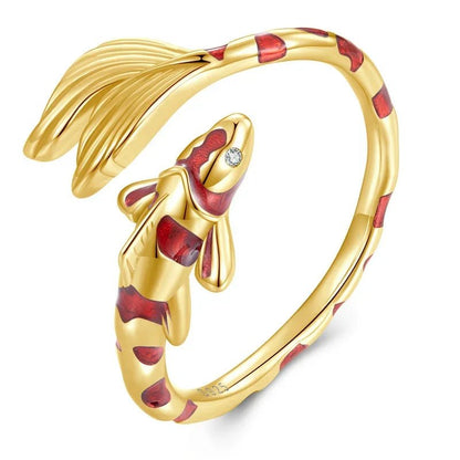 Sterling Silver Koi Fish Ring with Red Enamel Design - GEMORM