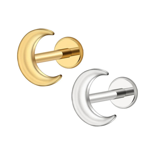 Gold and silver titanium crescent moon flat back labret studs