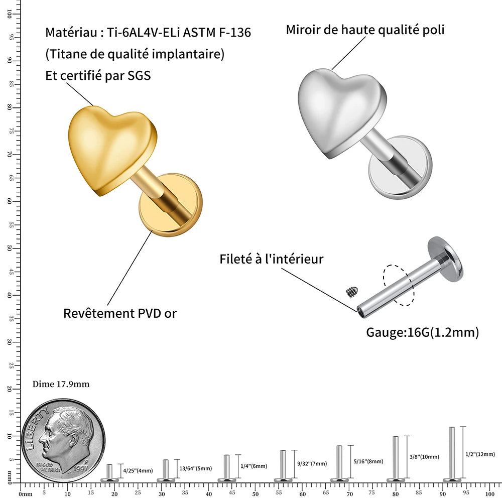 16G ASTM F136 titanium heart labret diagram showing internal threading and post lengths