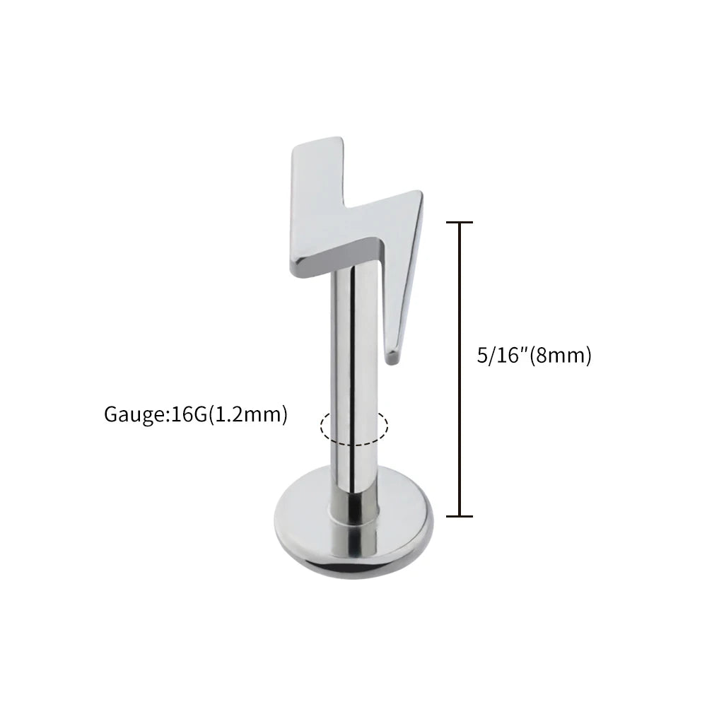 16G titanium lightning bolt flat back labret stud, product view 8