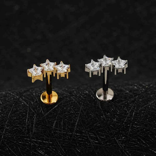 Titanium Triple Star Flat Back Stud 16G Helix Tragus Piercing