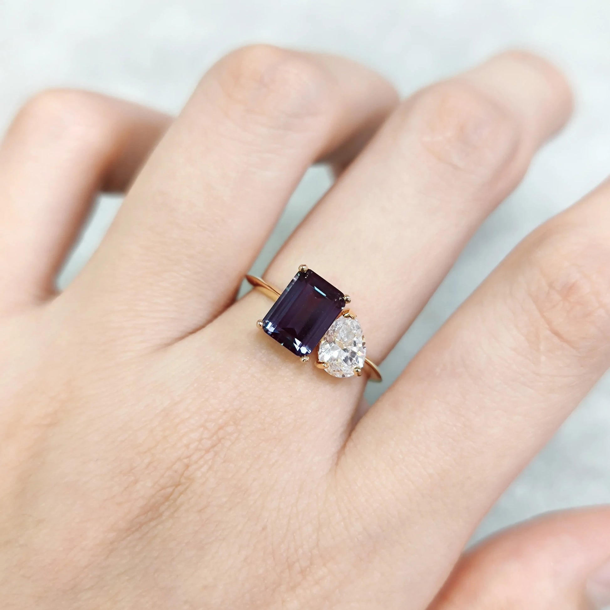 Toi et moi ring emerald cut engagement ring color changing alexandrite ring 14K gold - GEMORM