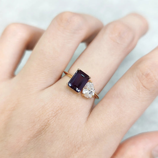 Toi et moi ring emerald cut engagement ring color changing alexandrite ring 14K gold - GEMORM