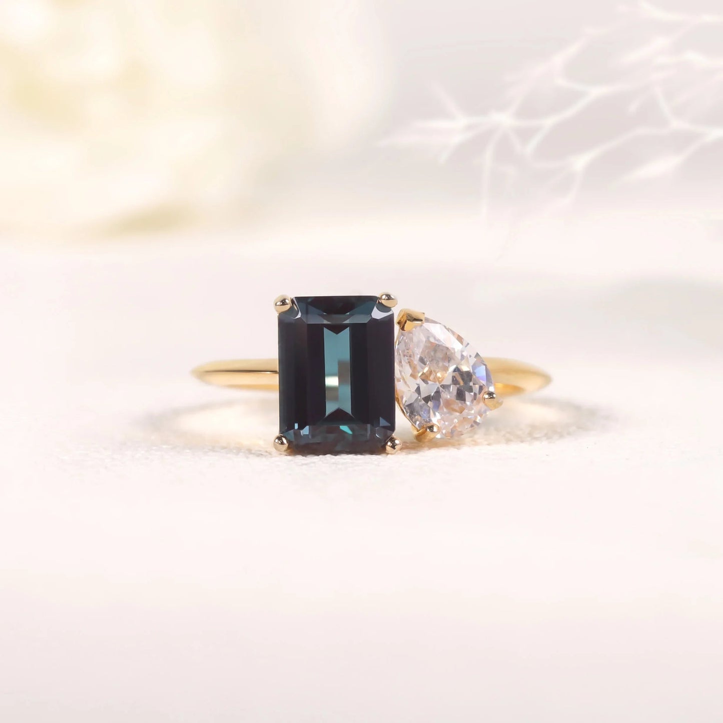 Toi et moi ring emerald cut engagement ring color changing alexandrite ring 14K gold - GEMORM