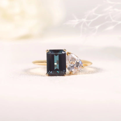 Toi et moi ring emerald cut engagement ring color changing alexandrite ring 14K gold - GEMORM