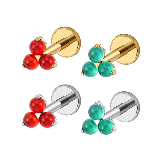 Triple stone titanium piercing stud with aventurine or carnelian