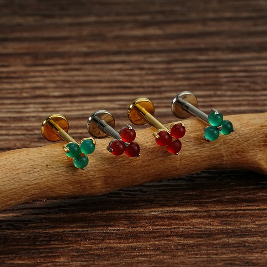 Triple stone titanium piercing stud with aventurine or carnelian
