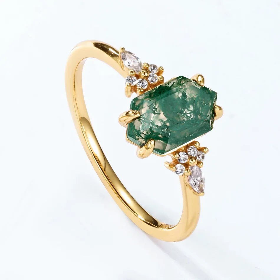 Vintage moss agate engagement ring natural green moss agate in 925 silver - GEMORM