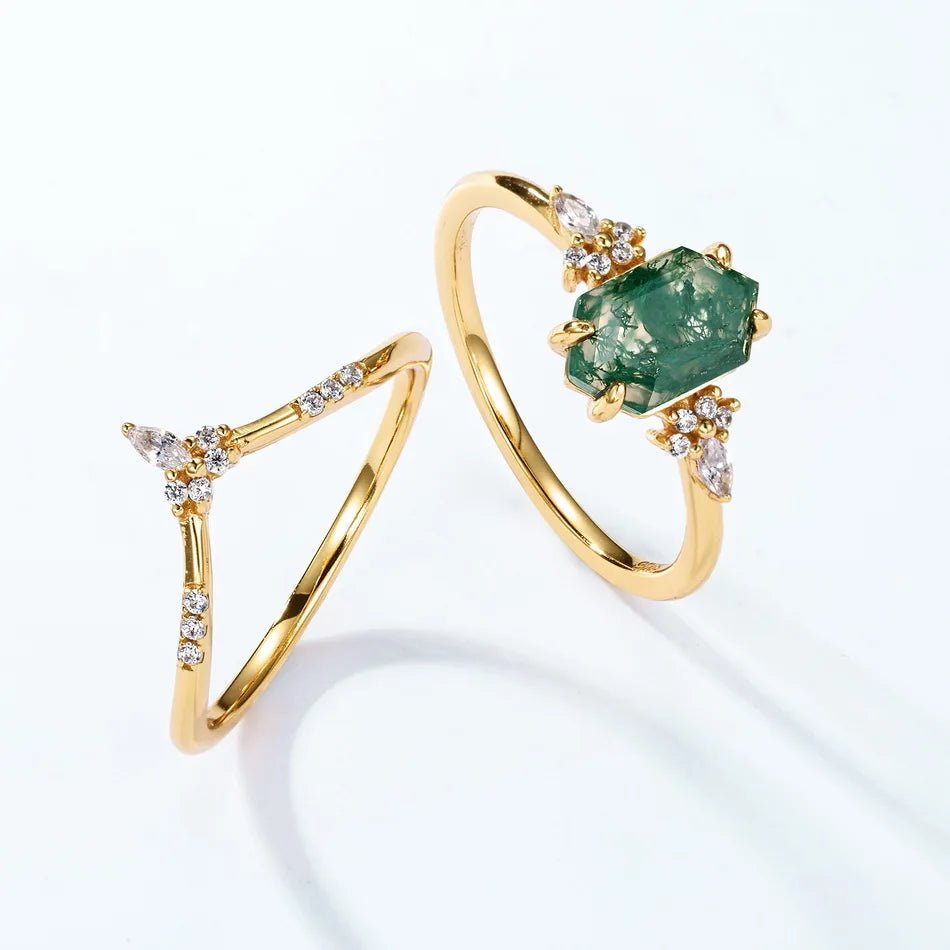 Vintage moss agate engagement ring natural green moss agate in 925 silver - GEMORM