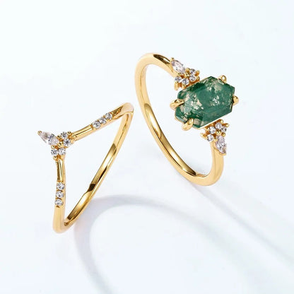 Vintage moss agate engagement ring natural green moss agate in 925 silver - GEMORM