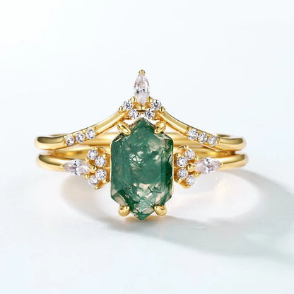Vintage moss agate engagement ring natural green moss agate in 925 silver - GEMORM