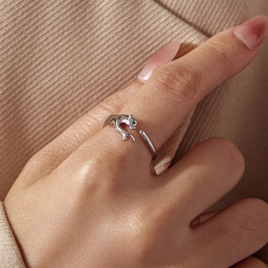 WOSTU S925 Silver Panther Leopard Ring for Women, Elegant Big Cat Animal Adjustable Rings With Green Crystal Eyes Statement Gift - GEMORM