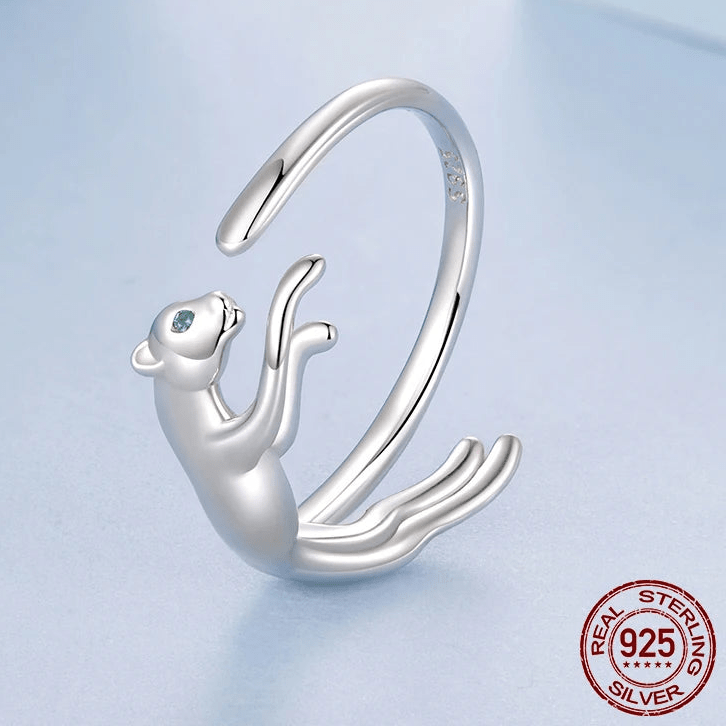 WOSTU S925 Silver Panther Leopard Ring for Women, Elegant Big Cat Animal Adjustable Rings With Green Crystal Eyes Statement Gift - GEMORM