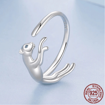 WOSTU S925 Silver Panther Leopard Ring for Women, Elegant Big Cat Animal Adjustable Rings With Green Crystal Eyes Statement Gift - GEMORM