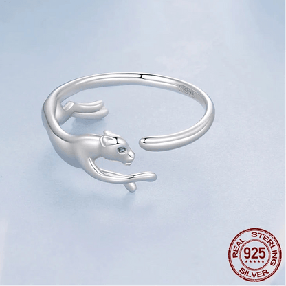 WOSTU S925 Silver Panther Leopard Ring for Women, Elegant Big Cat Animal Adjustable Rings With Green Crystal Eyes Statement Gift - GEMORM